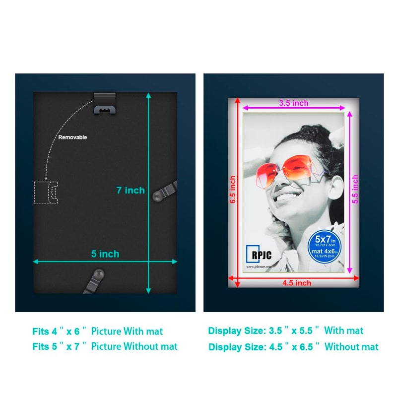 RPJC 5x7 inch Picture Frame Made of Solid Wood and High Definition Glass Display Picture 4x6 with Mat or 5x7 Without Mat for Wall Mounting Photo Frames Jazz Blue - Image 4